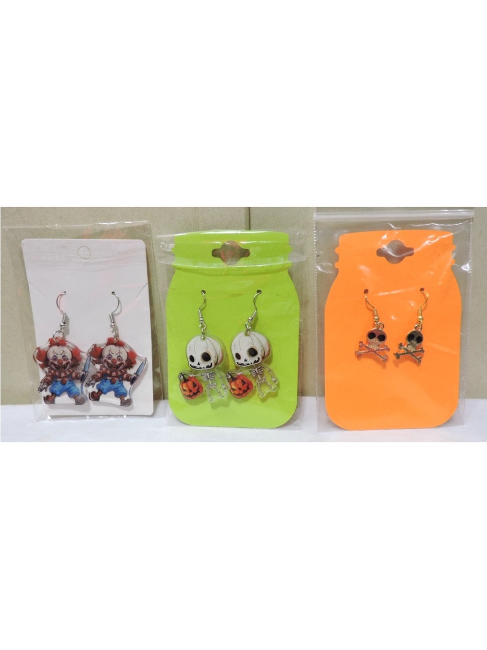 3 Pair Halloween Colorful Earrings Spooky Clown, Cross Bones, Skull Figure